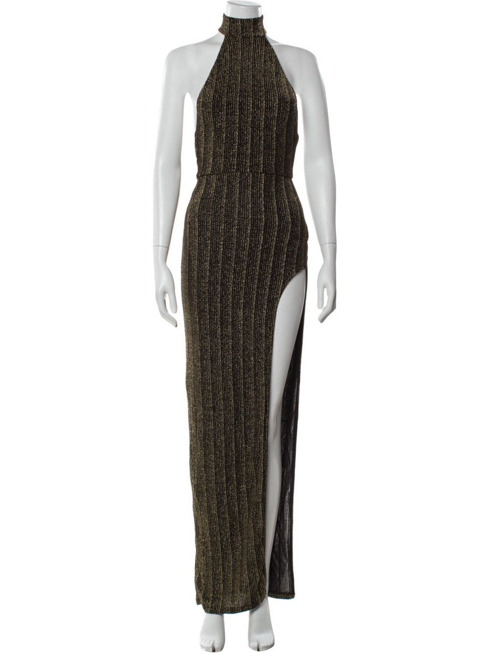 Michael Costello Metallic Gold Halter Maxi Dress with Side Slit - Picture 4 of 6